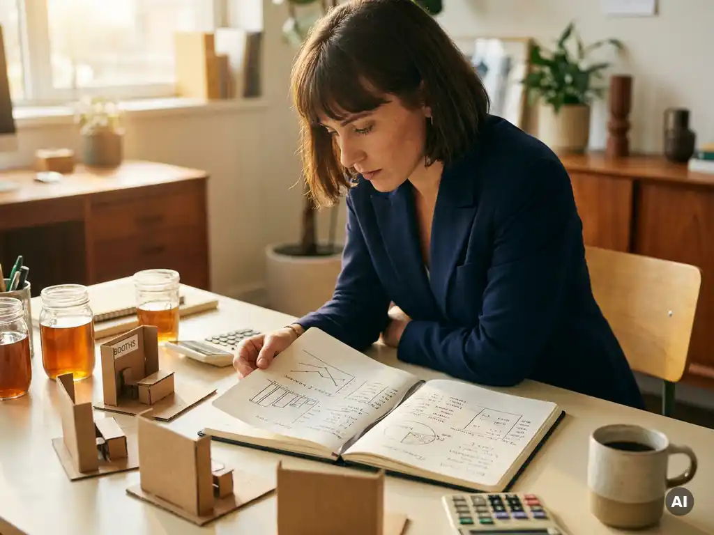 Marketingmanager bestudeert groot budgetplanner op modern bureau met miniatuur beursstandmodellen, productmonsters, rekenmachine en koffiekop.