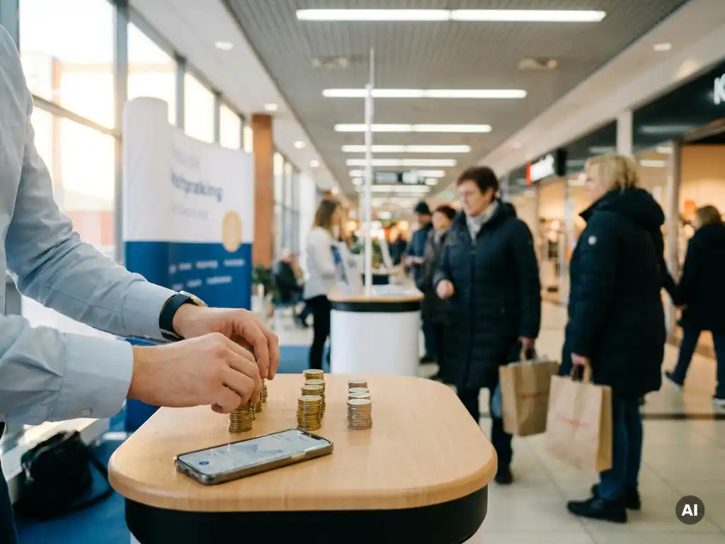 Marketingstrateeg rangschikt munten en smartphone naast een pop-upstand in druk winkelcentrum, warme gouden en blauwgrijze tinten.