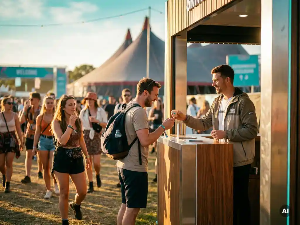 Merkambassadeur bij activatiestand op buitenfestival, bezoeker lacht tijdens productproeven in warm middagzonlicht.
