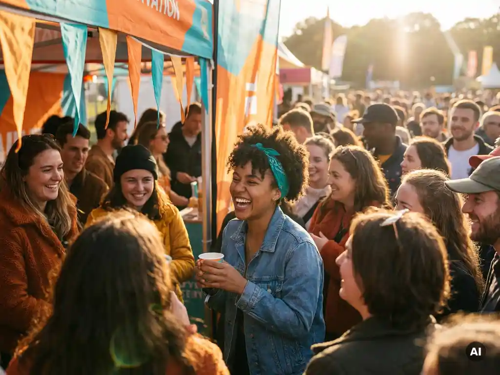 festival-merkactivatie-vrouw-proeft-buiten.jpg Lachende jonge vrouw proeft een product tijdens een levendige merkactivatie op een zomers festival, omringd door nieuwsgierige menigte.