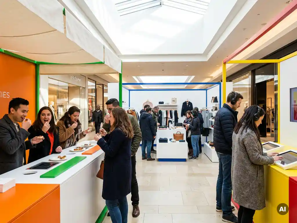 Winkelende bezoekers bij drie merkactivatiestands in druk winkelcentrum: proeven, pop-upwinkel en hands-on installatie.