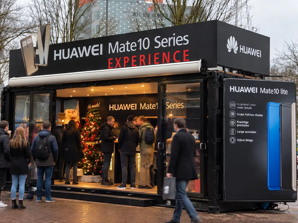 Huawei_Mate10_pop_up_bezoekers_1024x768 Bezoekers ontdekken de Huawei Mate10 Series tijdens een merkactivatie in een mobiele pop-up eventcontainer.