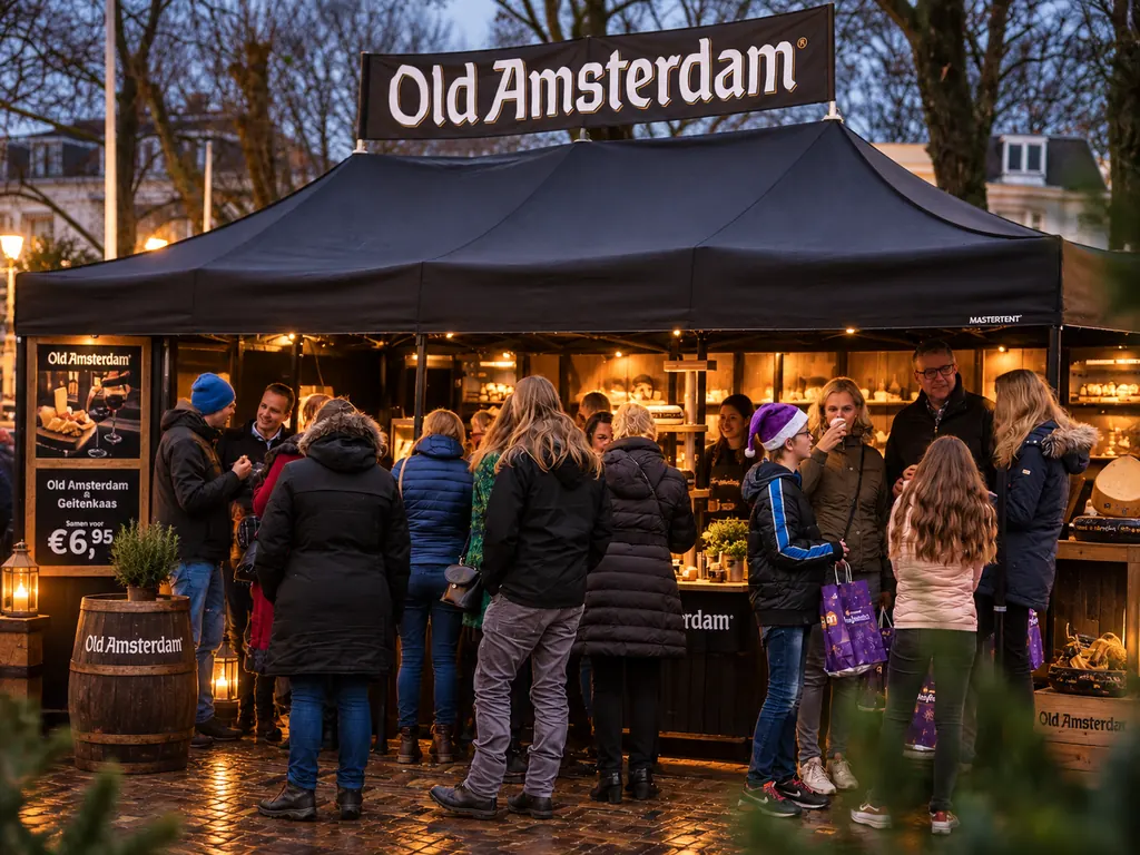 Old_Amsterdam_pop_up_sfeervol_1024x768 Bezoekers proeven Old Amsterdam kaas tijdens een tijdelijke merkactivatie bij een mobiele pop-upstand.